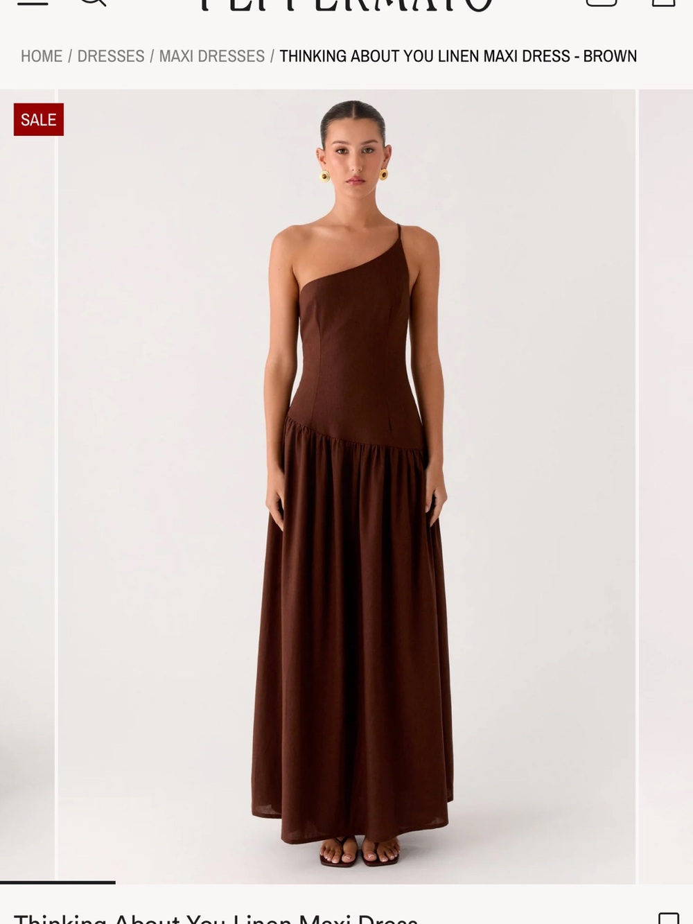 Peppermayo One-Shoulder Maxi Dress in Deep Brown (“Thinking about you linen maxi - Picture 1 of 5